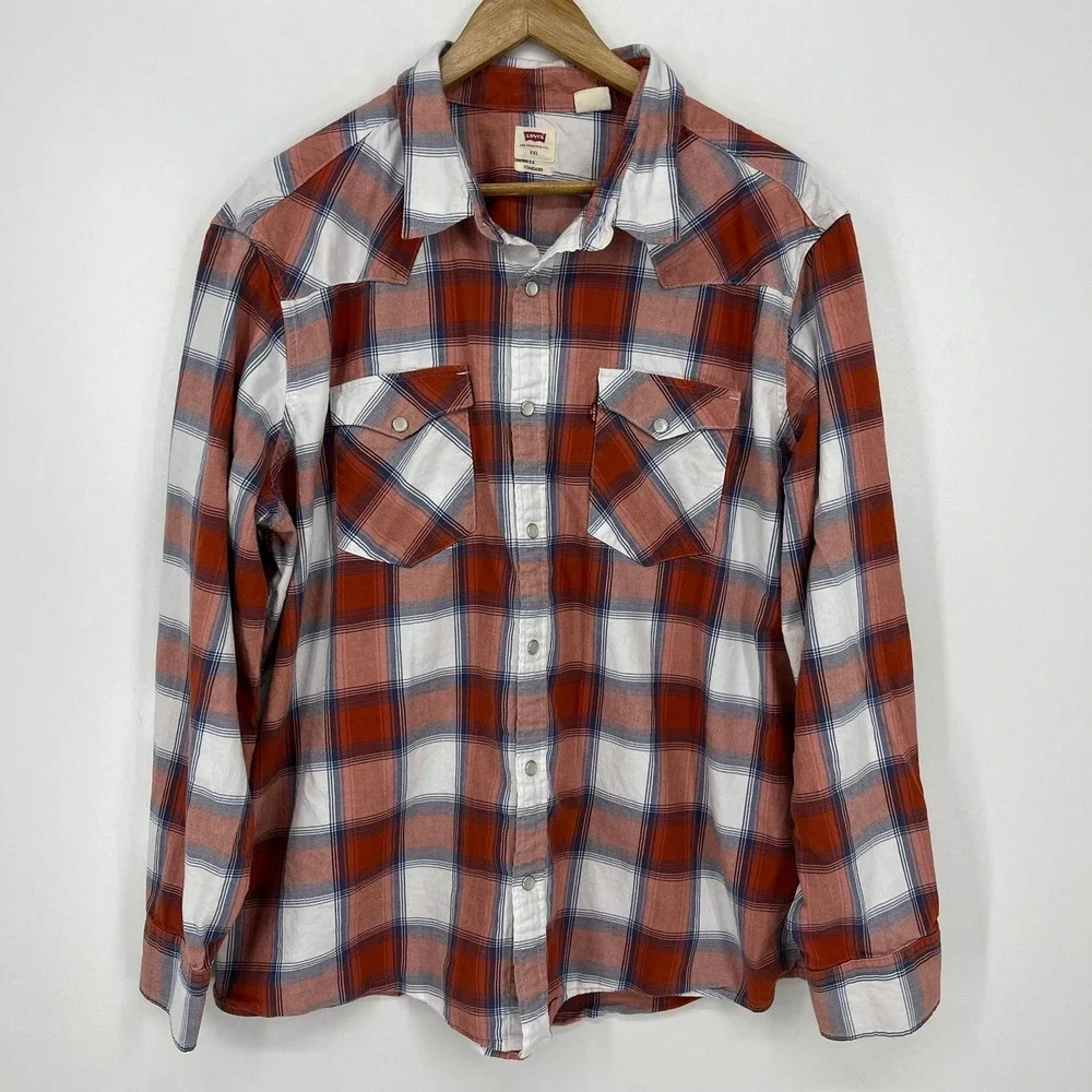 Levis Mens XXL Standard Fit Western Pearl Snap Plaid Long Sleeve Shirt Red White